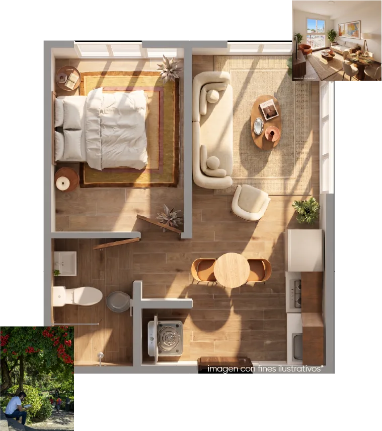 Plano apartamento 1 habitación, 36.61 m²