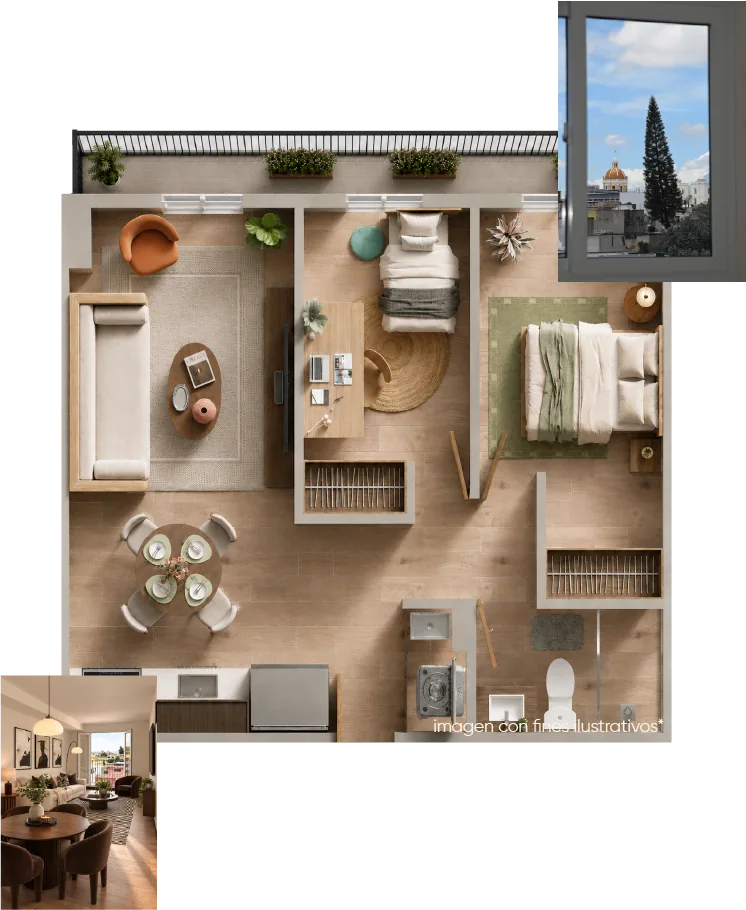 Plano apartamento 2 habitaciones, 52 m² con balcón