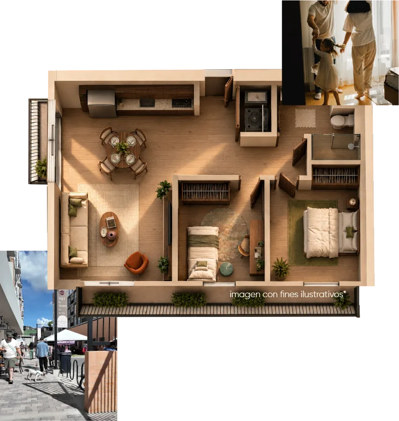 Plano apartamento 2 habitaciones, 62 m² con balcones